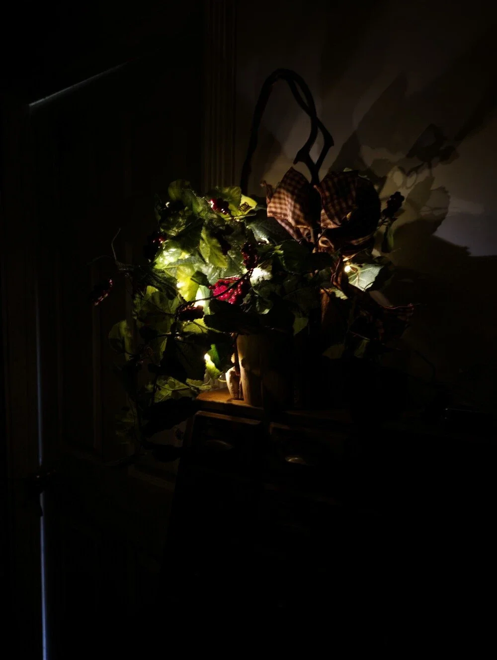 Decorative Red Berry and Greenery Basket Accent With Mini Lights BO